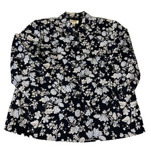 Talbots Womens Casual Blazer 12W Navy Blue White Floral Career Jacket Pockets
